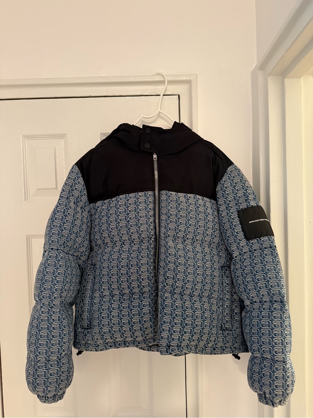 Alexander Wang Blue Patterned Puffer Jacket with Black Yoke